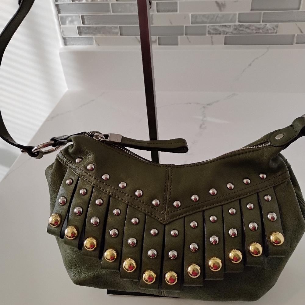 EUC B Makowsky Crossbody Bag - Studded Olive Green w/Leopard Lining